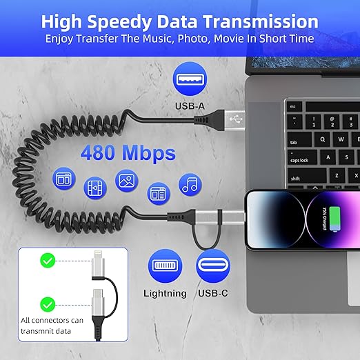 USB to USB-C and Lightning Cable 2 in 1 Coiled Cable Support Aple Carplay & - Image 5