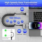 USB to USB-C and Lightning Cable 2 in 1 Coiled Cable Support Aple Carplay & - Image 5