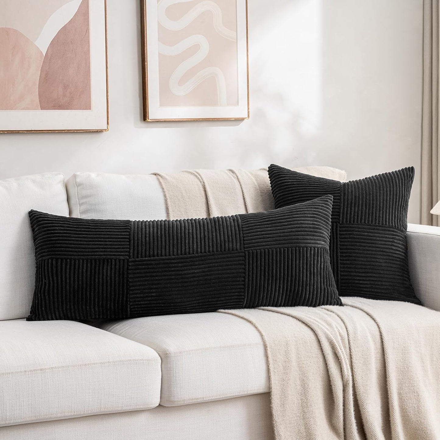 Fancy Homi 2 Packs Black Decorative Throw Pillow Covers 20x20 Inch for Living Room Couch Bed Sofa, Rustic Farmhouse Boho Home Decor, Soft Corss Corduroy Patchwork Accent Square Cushion Case 50x50 cm