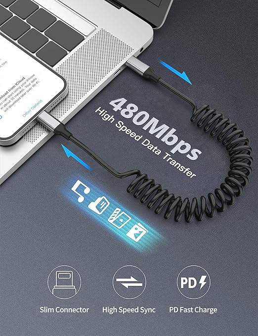Coiled USB C to USB C Cable for Car 2Pack, 60W Retractable Apple USB C Charger - Image 6