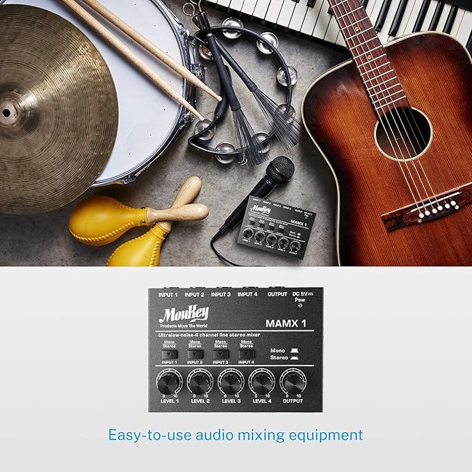 Moukey Mini Audio Mixer, DC 5V, 4 Stereo Ultra, Low Noise 4 Channel Line Mixer - Image 6