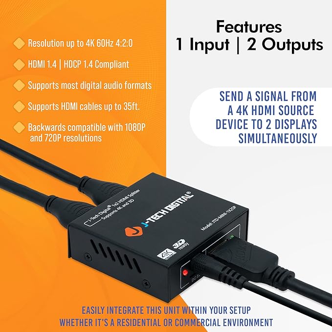 4K@60 HDMI Splitter 1 in 2 out 1X2 Powered Splitter - Image 3