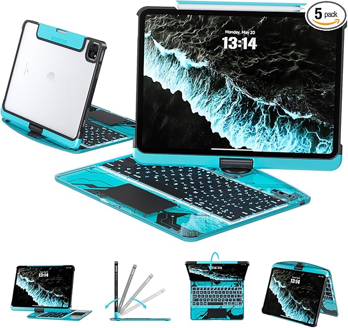 Transparent Case with Keyboard for iPad 9th 10.2 Inch, with 7-Color Backlit by Tiaota