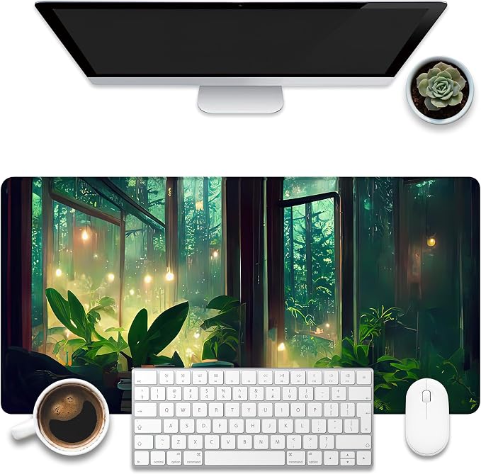 Desk Mat, Window View of Forest Desk Pad, 31.5"x15.7" Extended Big Computer by KOAIWPAE