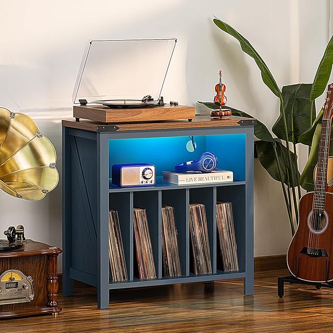 Large Record Player Stand with Charging Station & LED Lights, Vinyl Records - Image 6
