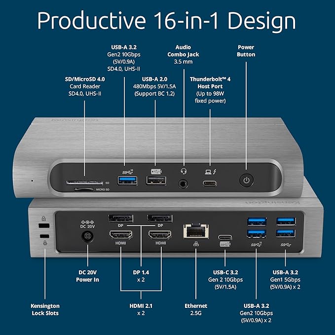 Kensington SD5800T Thunderbolt 4 and USB4 Quad 4K Display Docking Station - Image 3