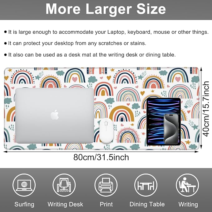 Mouse Pad, Large Boho Rainbow Desk Mat, Extended Non-Slip Gaming Keyboard - Image 2