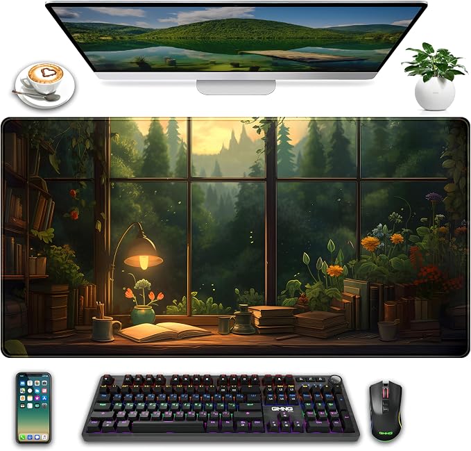 Anime Dark Green Plants Desk Mat Cute XXL Large Extended Mouse Pad Gaming by LuckyCow