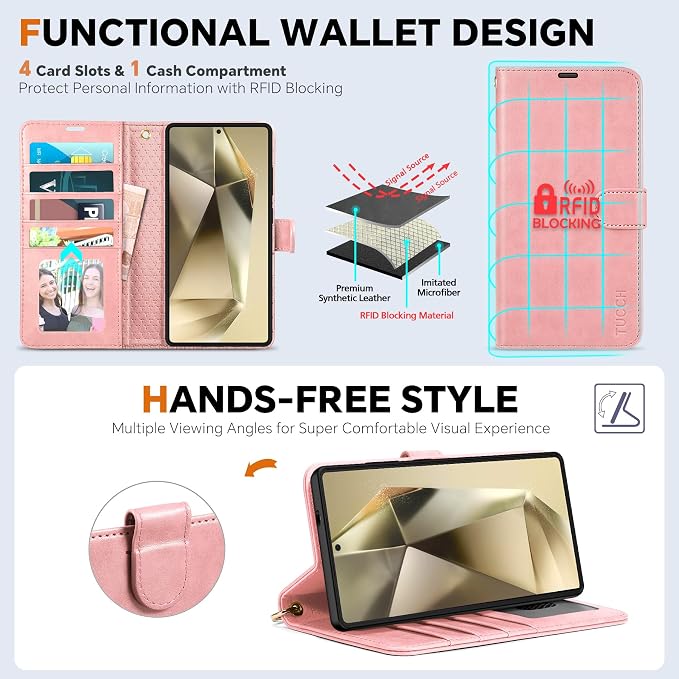 TUCCH Case for Galaxy S25 Ultra, Wrist Strap Magnetic PU Leather Wallet Case - Image 5