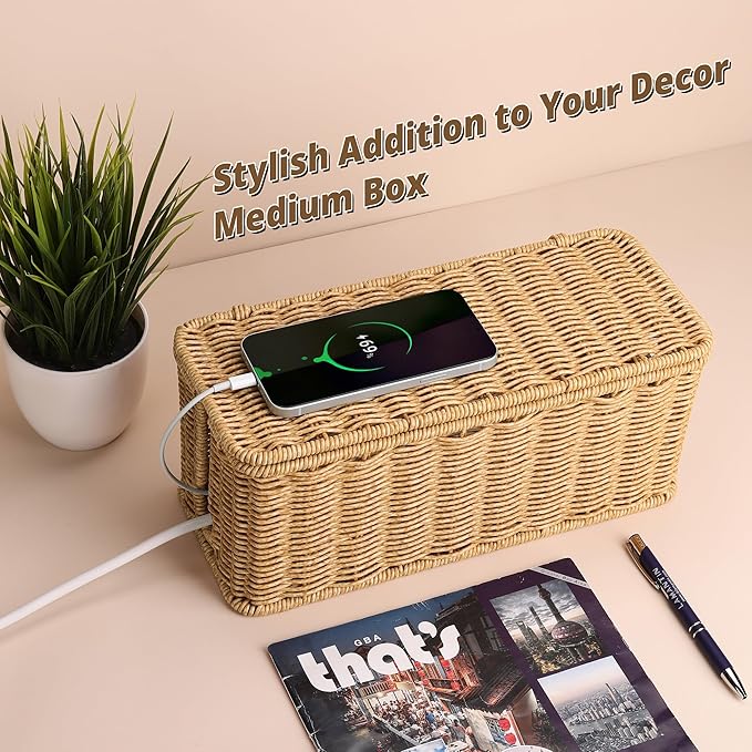 Handmade Cable Management Box Brown, Imitation Rattan Cord Organizer Cord Hider - Image 4