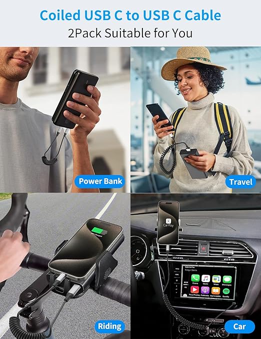Coiled USB C to USB C Cable for Car 2Pack, 60W Retractable Apple USB C Charger - Image 5