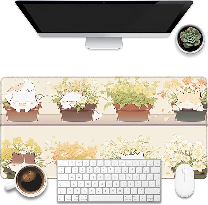 Desk Pad, Cute Cat Potted Plant Desk Mat, Anime Kawaii Cat Large Gaming Mouse by KOAIWPAE