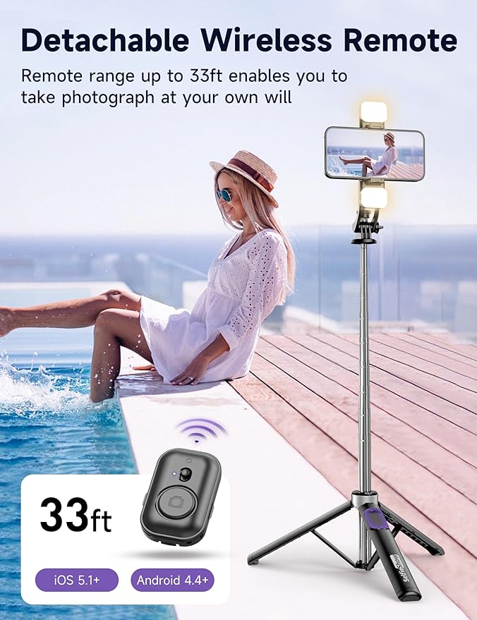 53'' Selfie Stick Tripod with Light, Extendable Selfie Stick with Remote - Image 4