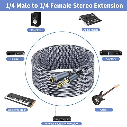 1/4 inch Extension Cable 10ft, 1/4" Male to Female Stereo Headphone Guitar Cable - Image 4