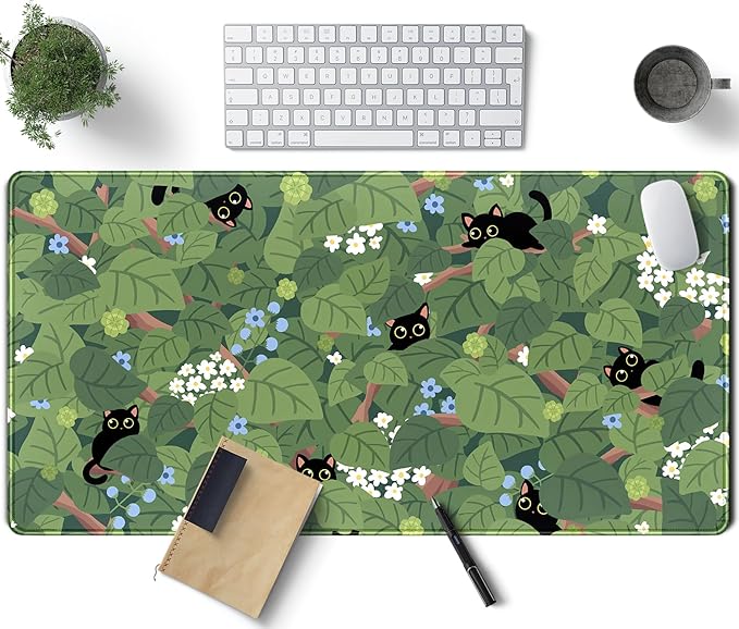 Kawaii Anime Aesthetic Black Cat Forest Plant Desk Mat, Laptop Keyboard and by TENG+DA+QING