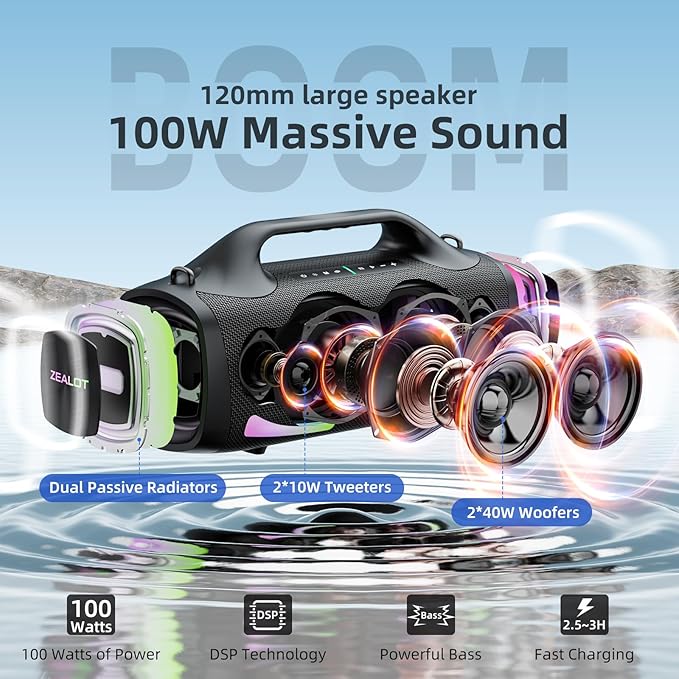 ZEALOT Bluetooth Speaker, 110W Peak Booming Sound Speakers Wireless, Dual - Image 2