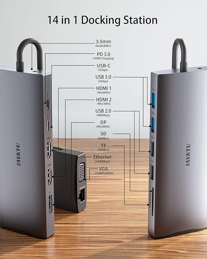 USB C Docking Station 4 Monitor, 14 in 1 Laptop Docking Station 3 Monitor Quad - Image 2