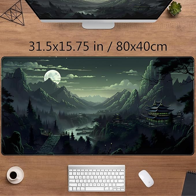 XXL Large Gaming Mouse Pad Anime Green Moon Mountains Desk Mat, Desk Decor - Image 2