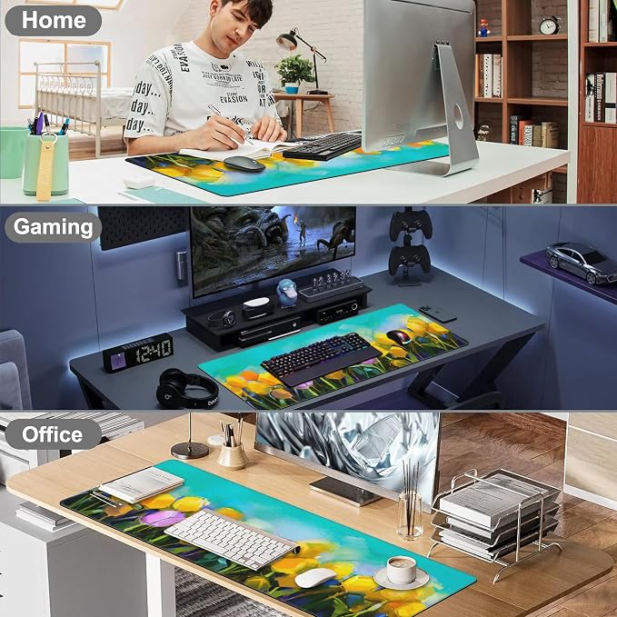 Tulips Flowers Desk Mat, Large Yellow and Violet Tulip Flowers Gaming Keyboard - Image 7