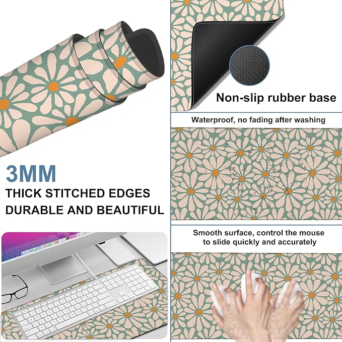 Retro Daisy Flowers Gaming Mouse Pad 3mm Thick Stitched Edge Waterproof - Image 2