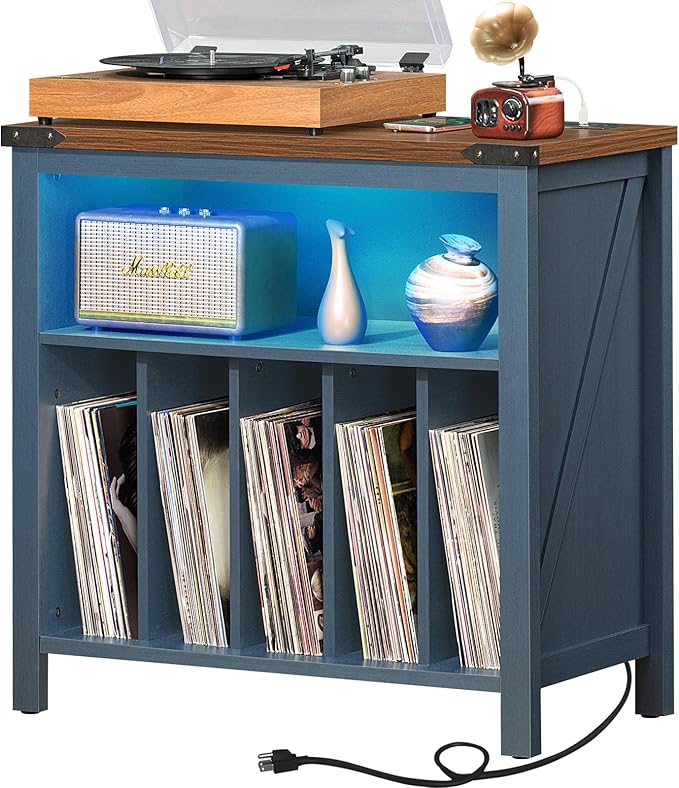 Large Record Player Stand with Charging Station & LED Lights, Vinyl Records by Joaxswe