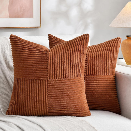 Fancy Homi 2 Packs Rust Decorative Throw Pillow Covers 22x22 Inch for Living Room Couch Bed, Rustic Farmhouse Boho Home Decor, Soft Corss Corduroy Patchwork Terracotta Square Cushion Case 55x55 cm
