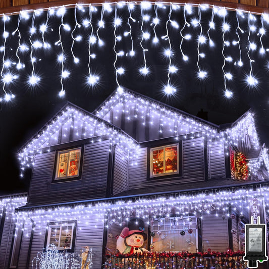 504LED 50ft Christmas Lights, 112Drops 12 Modes Cool White Christmas String Lights Outdoor Dimmable, Waterproof Christmas Decoration Fairy Lights with Timer for Indoor Eaves Party Patio Window Fence