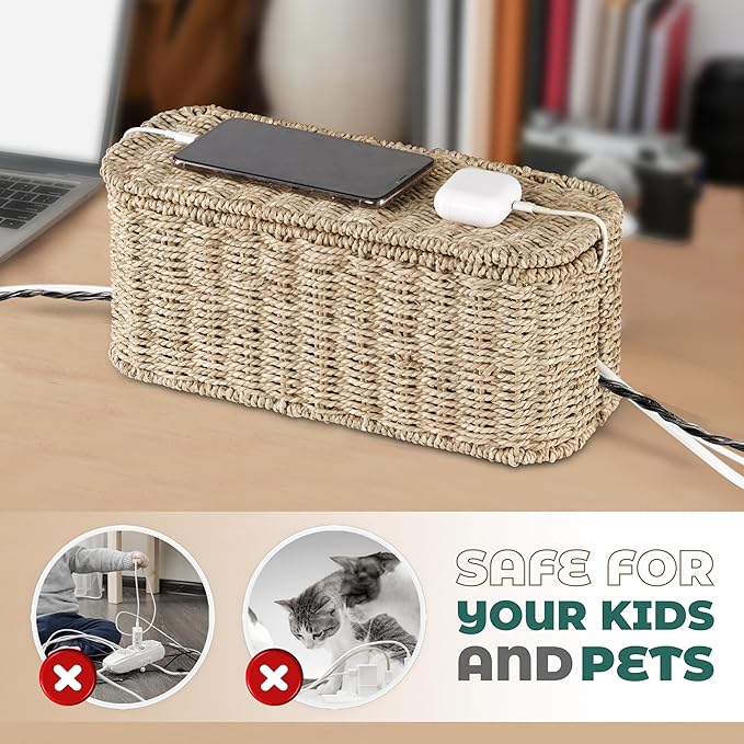 BLUEWEST Large Cable Management Box, Natural Rattan Cable Cord Organizer Boxes - Image 5