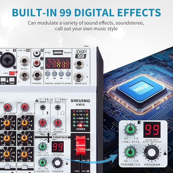 6 Channel Audio Mixer Professional Sound Board Console w/99 DSP Effects 48V - Image 8