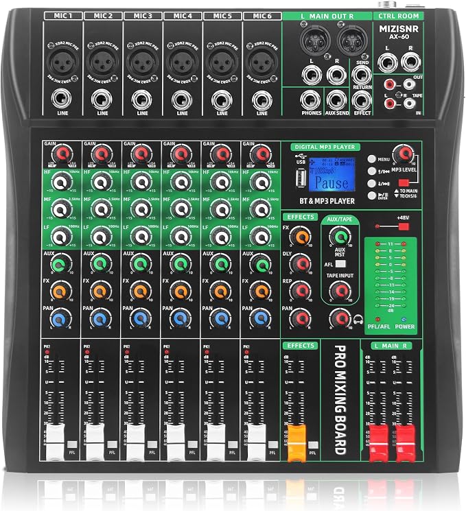 6 Channel Audio Mixer, Professional DJ Mixer Board Sound Music Mixing Console by MIZISNR