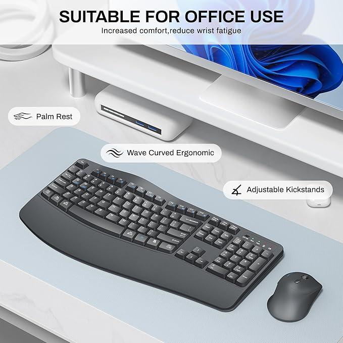 Wireless Keyboard and Mouse Combo, 2.4G Full Size Wave Keys Ergonomic Keyboard - Image 3