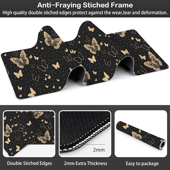 Golden Butterflies Desk Mat, Large Butterfly and Round Spots Gaming Keyboard - Image 3