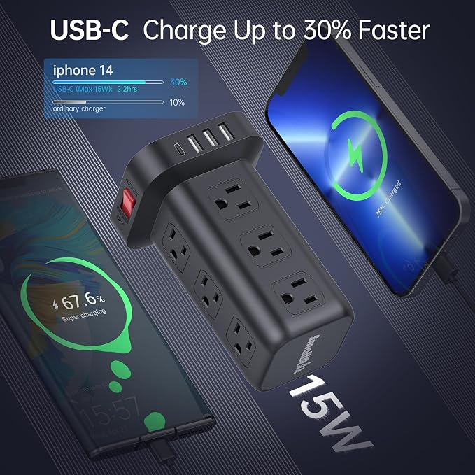 15FT USB C Power Strip Surge Protector Tower, Mini Power Strip Tower Travel 12 - Image 4