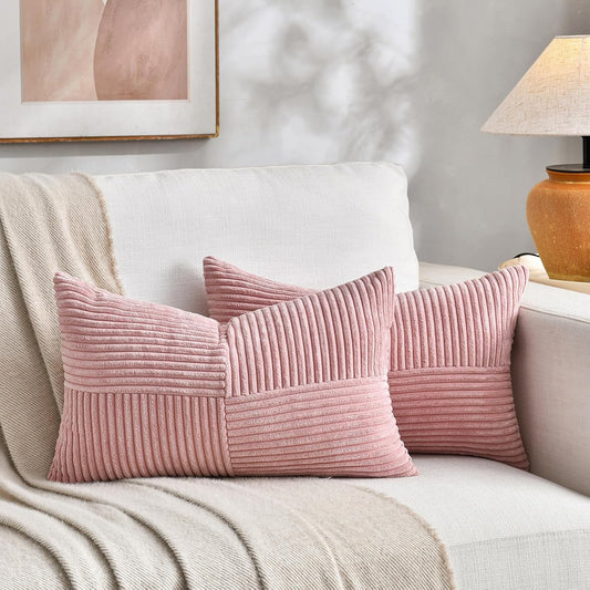Fancy Homi 2 Packs Blush Pink Long Lumbar Decorative Throw Pillow Covers 12x24 Inch for Couch Bed Sofa, Rustic Farmhouse Boho Home Decor, Soft Striped Corduroy Rectangle Accent Cushion Case 30x60 cm