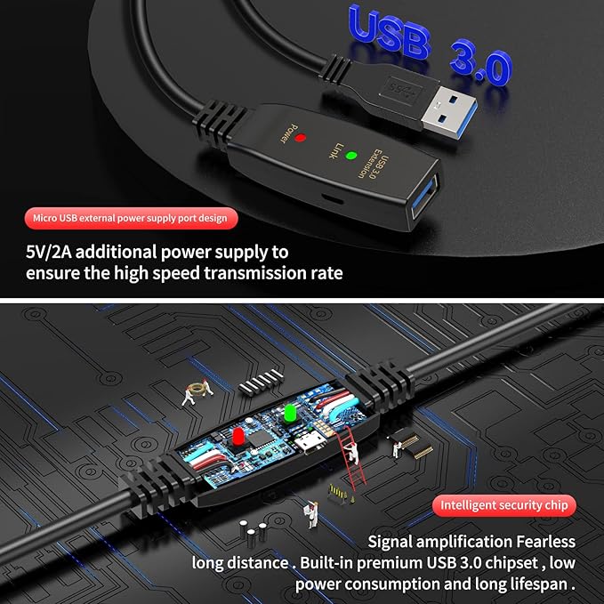 LDKCOK Active USB 3.0 Extension Cable 30ft– Male to Female Extender Cord - Image 4