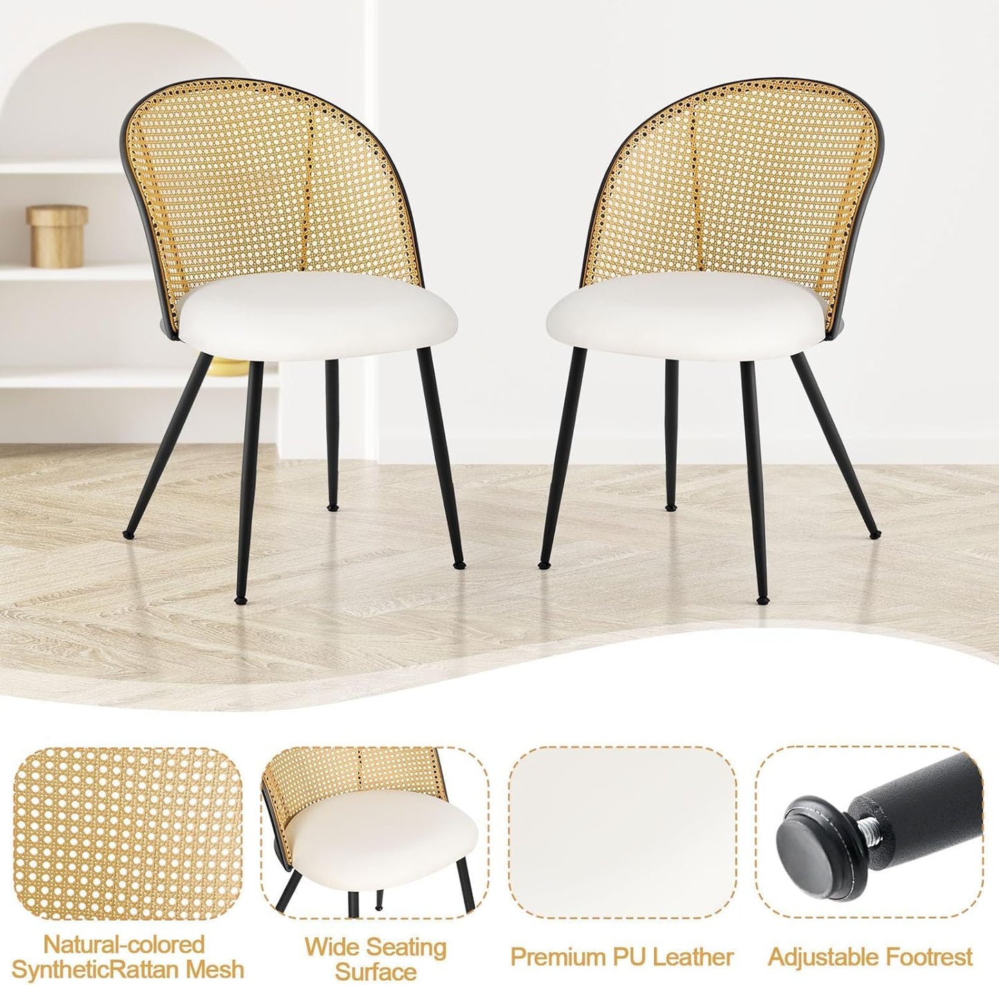Dining Chairs Set of 2, Mid Century Modern Dining Room Chairs with Rattan Back, Faux Leather Kitchen Dining Chairs Farmhouse Armless Mesh Cane Back Side Chairs with Metal Legs, White