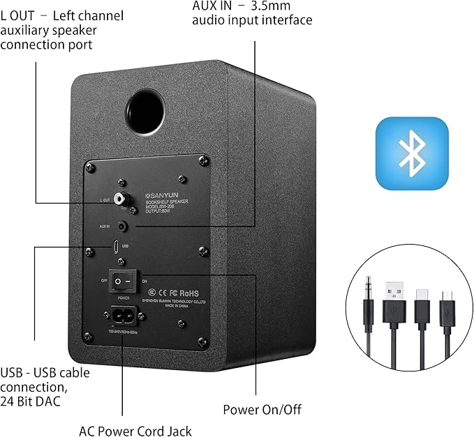 Sanyun SW208 3" Active Bluetooth 5.0 Bookshelf Speakers – 60W Carbon Fiber - Image 4