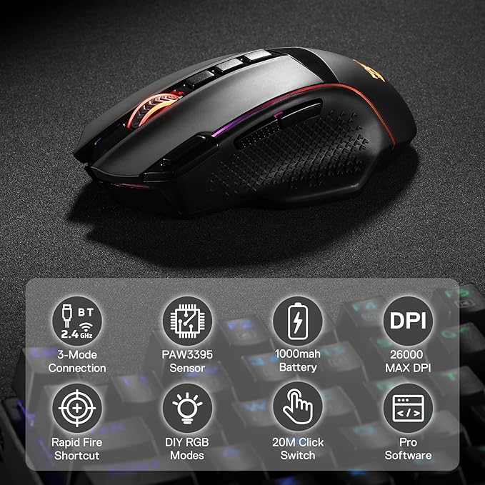 Redragon M991 Wireless Gaming Mouse, 26000 DPI 3-Mode Gamer Mice w/Rapid Fire - Image 2