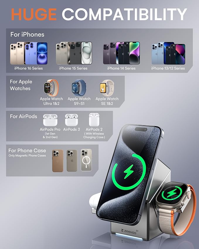 ZEEHOO 3 in 1 Charging Station for Apple, iPhone Mag-Safe Charger, Qi2 Certified - Image 5