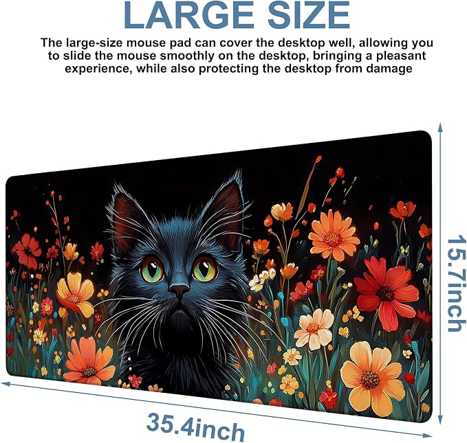 Black Cat and Flowers Gaming Mouse Pad 3mm Thick Stitched Edge Waterproof - Image 3
