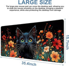 Black Cat and Flowers Gaming Mouse Pad 3mm Thick Stitched Edge Waterproof - Image 3
