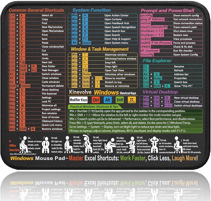 Mouse Pad for Windows Shortcuts – Small Window Cheat Sheet Desk Pad – by Kinevolve