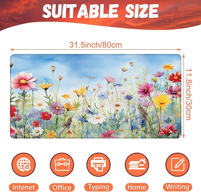 Large Gaming Mouse Pad, Colorful Wildflowers in Field Desk Mat, Watercolor - Image 2