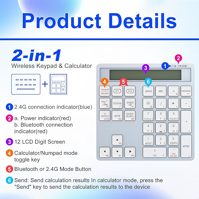 2-in-1 Wireless Number Pad & Calculator, 34-Key Portable Number Pad - Image 6
