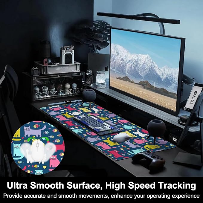 Mouse Pad, Large Cartoon Cats and Fish Desk Mat, Extended Non-Slip Gaming - Image 5