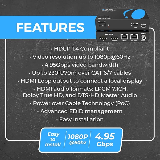 OREI 1X2 HDMI Extender Splitter Over Single CAT6/7 Cable Uncompressed 1080P - Image 5