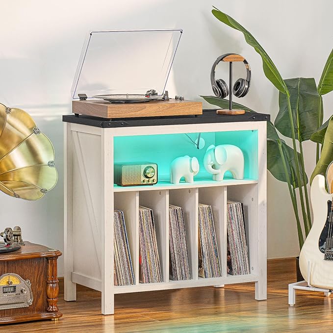 Large Record Player Stand with Charging Station & LED Lights, Vinyl Records - Image 6