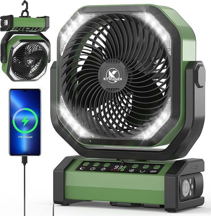 Camping Fan with Light - 20000mAh Rechargeable Battery Fan by KITWLEMEN