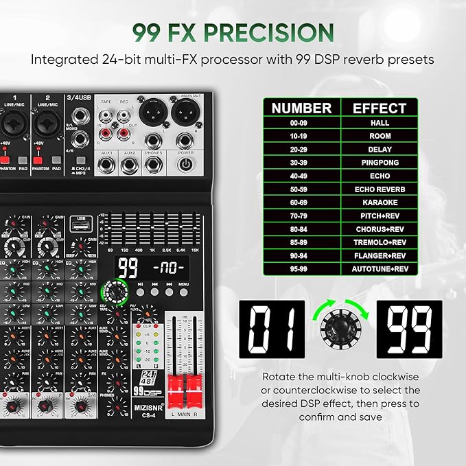 Audio Mixer 4 Channel Sound Mixer Console, Professional Music Mixing Board DJ - Image 2