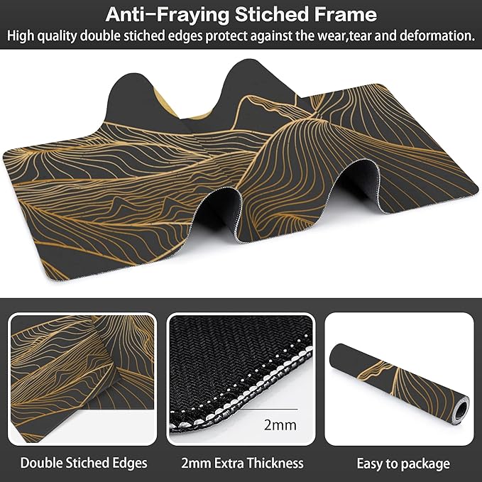Abstract Golden Mountain Desk Mat, Large Gold Line Art Gaming Keyboard Mouse Pad - Image 3
